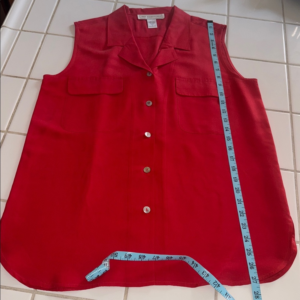 Silk Essentials Red Sleeveless Button-Down Shirt L - image 7